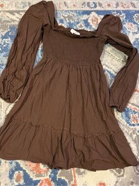 Alter’d State Smocked Square Neck Brown Long Sleeve Mini Dress